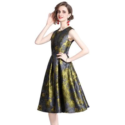 China YSQ209072 New Anti-wrinkle temperament flower color vest jacquard slim waisted sleeveless dress for sale