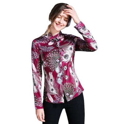 China Anti-wrinkle stain YSQ8781040 European new women's and American temperament print shirt fashion wild lapel pungent long-sleeved shirt for sale