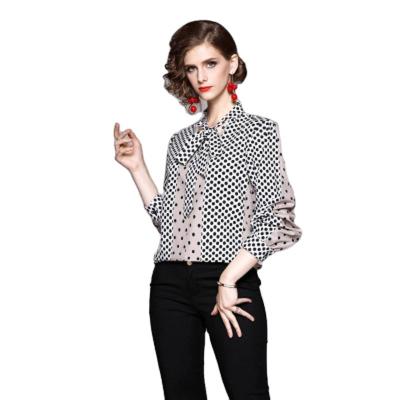 China XC3225045-New Women's anti-shrinkage European and American Polka Dot Printing Slim Dot Ribbon Long Sleeve Shirt Fashion Shirt for sale