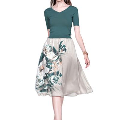 China QUICK DRY HJW9716068# V-neck short-sleeved knitted top + new retro contrast color printed lady waistline skirt printing a-line slimming forei for sale