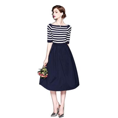 China HJW9544068 European station viable two-piece a-line long skirt with striped word collar knit T-shirt + skirt for sale