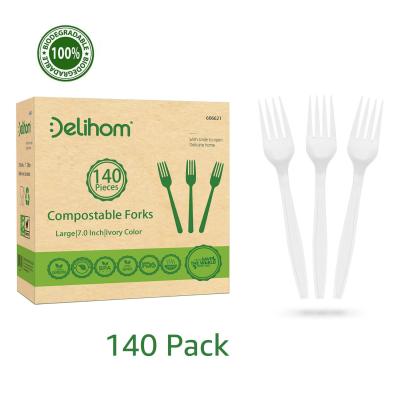 China Large Biodegradable 7 Inch Cutlery Utensils Forks 100% Compostable Disposable 140 Piece Disposable Utensils Eco Friendly For Party Camping for sale