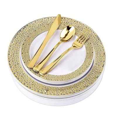 China Disposable Gold Disposable Dishes and Cutlery for Wedding - Elegant 125 Piece Silverware Dinner Reception Buffet - Service for 25 Guests for sale