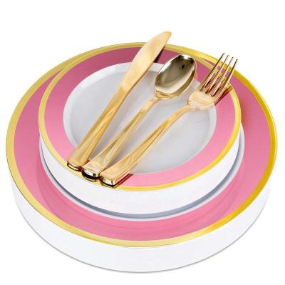 China Disposable Pink with Gold Rim Disposable Plates and Elegant Plastic Cutlery Tableware (125 Pieces) for Baby Shower, Wedding, Holiday, Party for sale