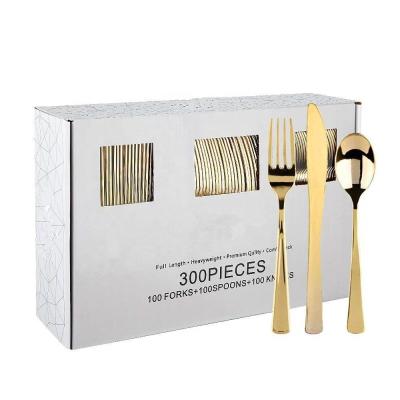 China Plastic Cutlery 100 Pieces 300 Pieces Gold Plastic Silverware Set-Heavyweight Disposable Flatware Disposable Forks, 100 Spoons, 100 Knives for sale