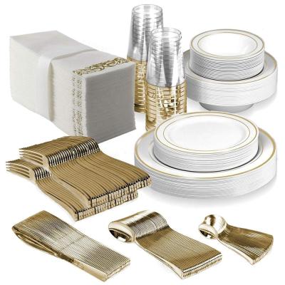 China Party and Wedding Disposable Hard Plastic Disposable Dinnerware Dishes Set Dinner and Dessert Dishes and Tumblers Gold Rim for sale