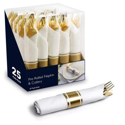 China Disposable Gold Pre Rolled Napkin and Cutlery Set Heavy Duty Plastic Catering Events, Parties, and Weddings 25 Pack Disposable Silverware for sale