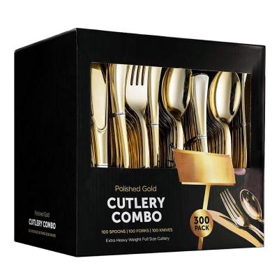 China Fashionable Gold 300 Plastic Silverware Cutlery Set Disposable Flatware 100 Plastic Forks 100 Plastic Spoons 100 Cutlery Knives for sale