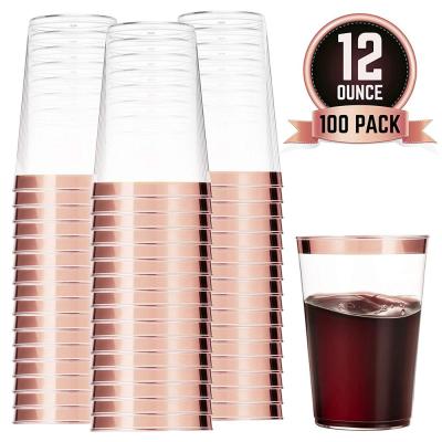 China 100 Disposable Rose Gold Plastic Cups Clear Rose Gold Rimmed Plastic Tumblers Fancy Disposable 12 Ounce Cups Wedding Cups for sale