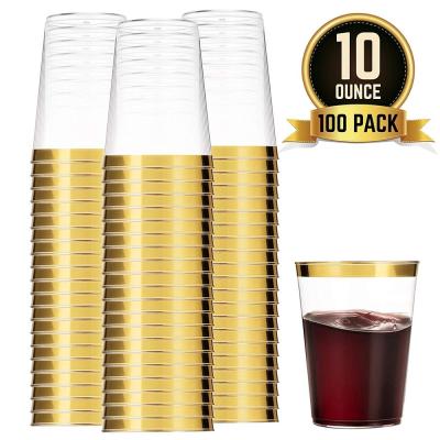 China Sustainable Gold 100 Plastic Cups 10 Ounce Clear Plastic Gold Rim Fancy Disposable Wedding Cup Tumblers Elegant Party With Gold Rim for sale