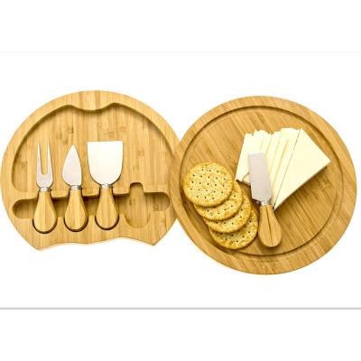 China Disposable Round 4-Piece Bamboo Cheese Board Cut and Cutlery Set with Slide-Out Drawer Includes Cheddar, Stilton, Hard Cheese Knife for sale