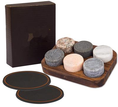 China Disposable Whiskey Stones Gift Set 6 Granite Round Beverage Stones Whiskey Cooling Drinking Rocks with 2 Extra Glass Whiskey Coasters for sale