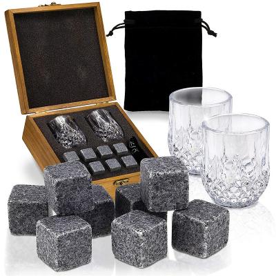 China Disposable Whiskey Stones Gift Set Granite Square Cooling Whiskey Rocks 2 Crystal Shot Glasses In Reusable Wooden Box Bar Accessories for sale