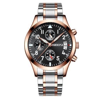 China Luxury Men's Black Wrist Watch Relogio Masculino 2303 Luminous Stainless Steel Band Chronograph Automatic Date Mens Watches NIBOSI for sale