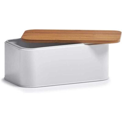 China Sustainable Bamboo Square Powder Coating Stainless Steel Bread Box Good Quality Bread Box With Thick Bamboo Lid for sale