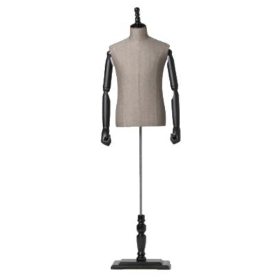 China Premium Custom Customized With Hands Gray Flat Shoulder Wooden Square Base Dress Fabric Male Mannequin for sale