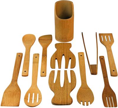 China Europe bamboo cookware set includes 11-piece organic serving utensils with reusable salad tongs kitchen tools for sale