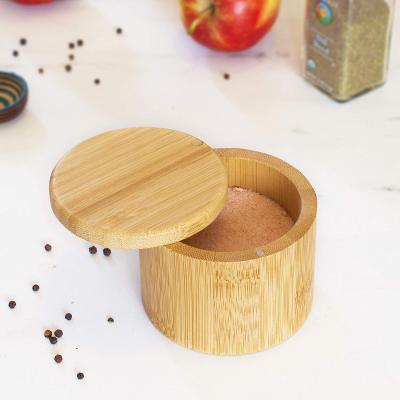 China Bamboo Container Europe Bamboo Salt Box Magnetic Etched and Lasered Lid for Safe Strong Storage Spices Herbs Seasoning for sale