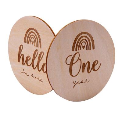 China Europe Baby Wooden Milestone Cards Rainbow Engrave Milestone Discs Gift Photo Wooden Prop Discs Sets Birth Stable 3 for sale