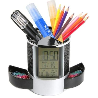 China BolerGifts Digital LCD Display Desktop Alarm Clock Calendar Timer Small Mesh Pen Pencil Holder Table Desk Clock 2 Drawer for sale