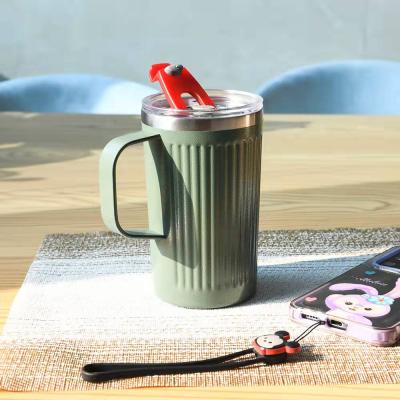 China 16oz PORTABLE Double Wall Stainless Steel Vacuum Insulated Coffee Mug With Handle Straw Flip Lid for sale