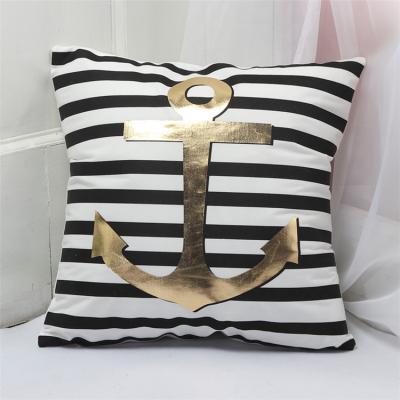 China 2021 Pillow Cover Black Stripes And Gold Anchor Viable Nautical Decorative Patterns 18X18 Foil Printing Pillow Case for sale