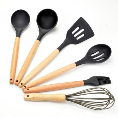 China Sustainable 6 Pcs Kitchen Cooking Set Kitchen Silicone Tool Kit With Wooden Barrel Handle Silicone Kitchen Tool Kit for sale