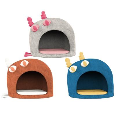 China New Design Novelty Viable Monster Shape Short Plush Cat Cave Bed Interesting House For Cats Dogs Small Pet Bed for sale