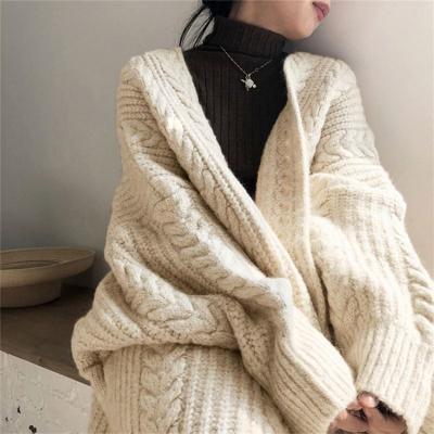 China New 2021 Fall Fashion Women Style Outerwear Knitted Cardigan Breathable Sweaters Fashion Simple Thick Loose Twist Long Coat Women for sale