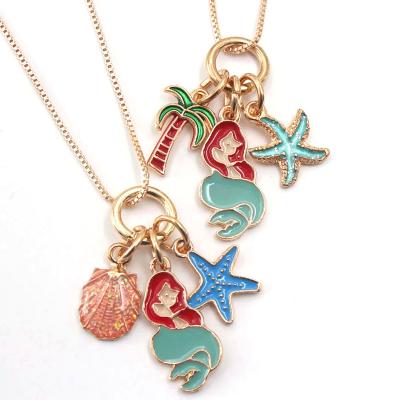 China Fashion Design Alloy Chain Cute Shell Coconut Tree Pendants Necklace Starfish Mermaid Girl Necklace For Kid Children for sale