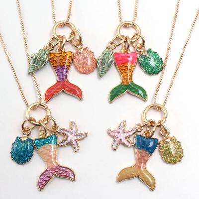 China Cute Ocean Style Mermaid Tail Starfish Conch Pendants Necklace Summer Jewelry Girls Kids Charming Alloy Chain Necklace for sale