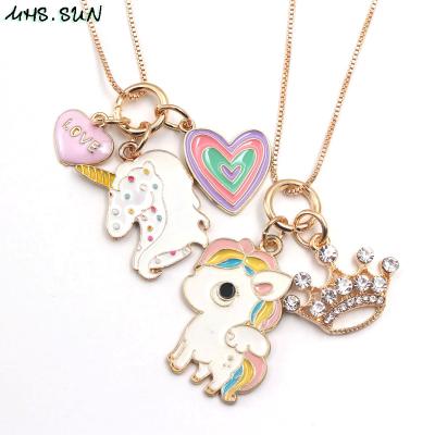 China Cute Kid Girls Unicorn Crown Pendants Chain Necklace Fashion Heart Charming Cute Alloy Chain Necklace Party Accessories for sale