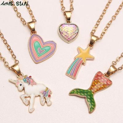 China Unicorn Heart Star Pendants Alloy Chain Necklace Charming Fashion Cute Pendant Necklace For Kid Children Girls Jewelry for sale