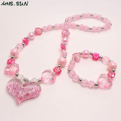 China Cute Elastic Beads Necklace Bracelet With Charming Heart Girls Cute Pendant Kids Beaded Jewelry Set Accessories Wholesale for sale