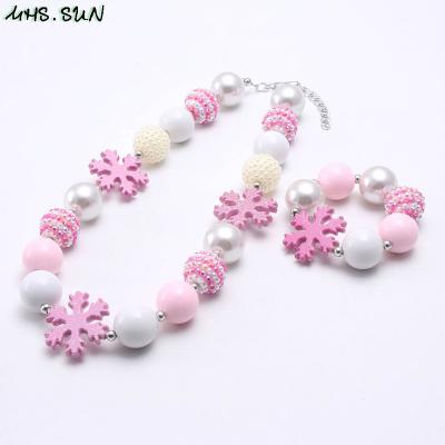 China Wholesale Price Girls Kids Fashion Pink Snowflake White Beads Chunky Necklace Bracelet Baby Children Cute Beaded Jewelry Set for sale