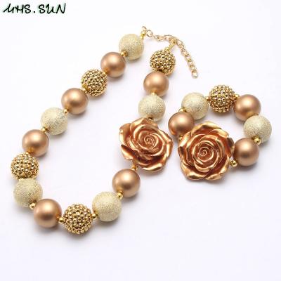 China Kids Cute Cute Chunky Beaded Jewelry Set Wholesale Baby Rose Flower Acrylic Rhinestone Beads Necklace Bracelet Child for sale