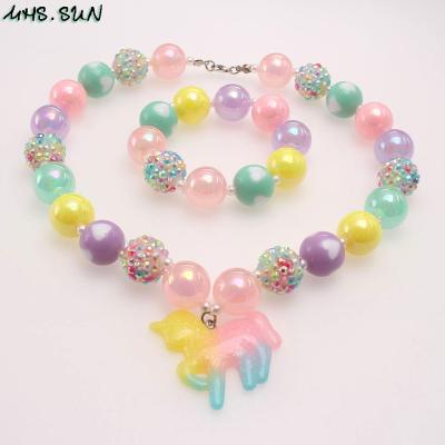 China Cute Colorful Chunky Beads Necklace Bracelet Kid Baby Party Jewelry Unicorn Pendant Necklace Set Girls for sale