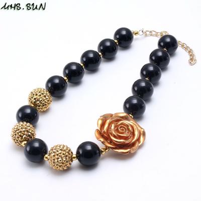 China Black Color Chunky Necklace Fashion Gold Design Kids Children Rose Flower Acrylic Rhinestone Beads TRENDY Necklace Babies for sale