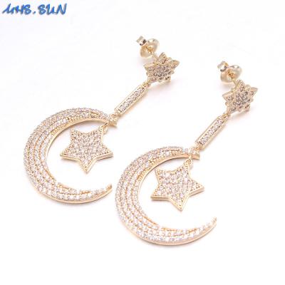 China New TRENDY 18K Gold Plated Zircon Moon Star Stud Earrings Shape 3A CZ Women Vintage Earrings Accessories Jewelry for sale