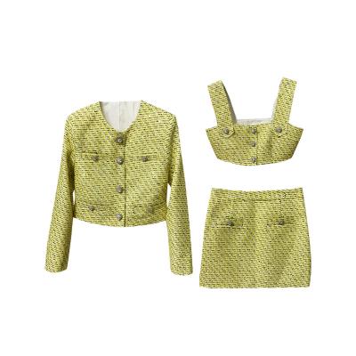 China Workable 2022 autumn women's fashion skirt women's tweed bra jacket skirt set three pieces of suit for sale