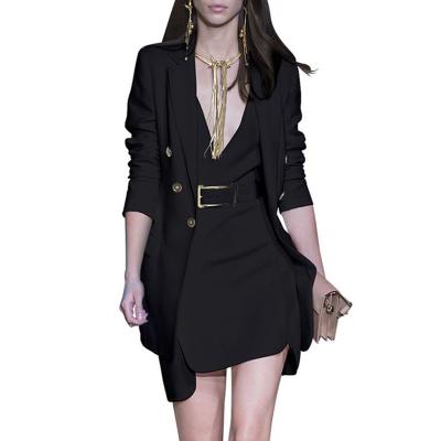 China 2022 New Arrivals Spring Collection Gold Button Design Women Blazer Suit Breathable Slim Fit Dresses With Blazer Two Piece Set for sale