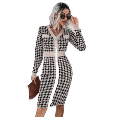 China 2022 Spring Women Clothes Dogs Breathable Plaid Tooth Long Sleeve Dress Knit Sweater Dress Women Ladies Knit Dress for sale