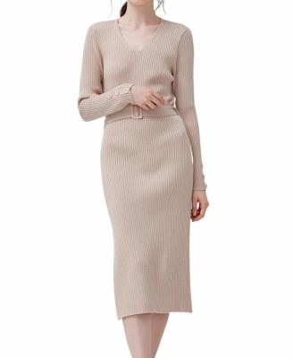 China Winter Autumn Elegant Anti-Static V-Neck Fit Solid Ladies Long Casual Knit Dress for sale