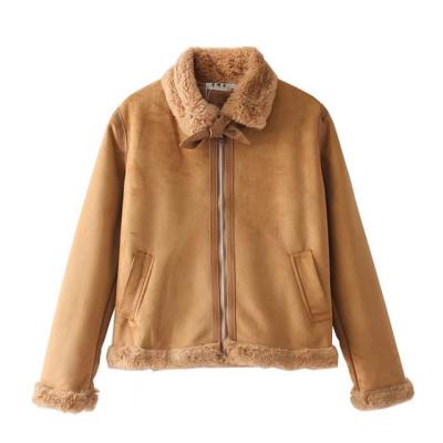 China Wholesale Women Camel Faux Suede Anti-Shrink Leather Jacket With Lambswool Collar Coat for sale