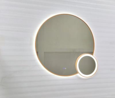 China Illuminated Decorative Smart LED Bath Mirror Led Touch Light Fog Sensor With Orange Stainless Steel Frame for sale