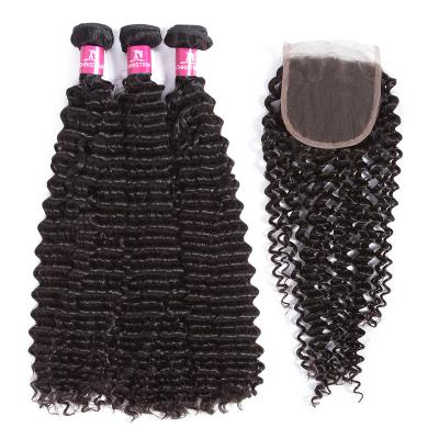 China Curly Curly 30 32 34 36 Inch Quality Raw Virgin Peruvian Kinky Curly Hair Weaves With Lace Frontal Closure for sale