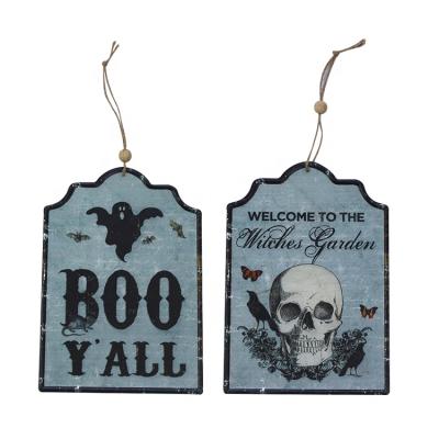 China Wholesale Europe Halloween Decorative Sets Of 2 UV Printing Metal Hanging Plaques With A Bead String for sale