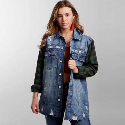 China 2021 Best Quality Fall Women Jeans Jacket Custom Made Girls Long Sleeve Coat Breathable Patch Ripped Denim Jacket For Ladies for sale