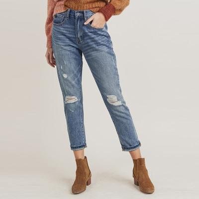 China 2021 Wholesale High Quality Breathable Fashion Women Denim Pants Ladies Ripped Girl Blue Straight Leg Big Waist Fashionable Elastic Jeans for sale