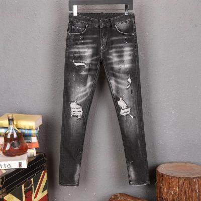 China Pencil Pants 2021 Wholesale Fashion Ankle Zipper Knee Ripped Hole Skulls Skinny Mens Jeans Ripped Jeans Men for sale